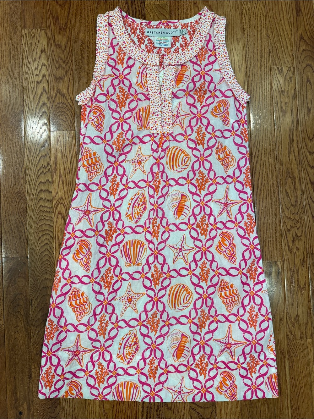 Gretchen Scott Designs Pink & Orange Shell Print Ruffle Neck Dress